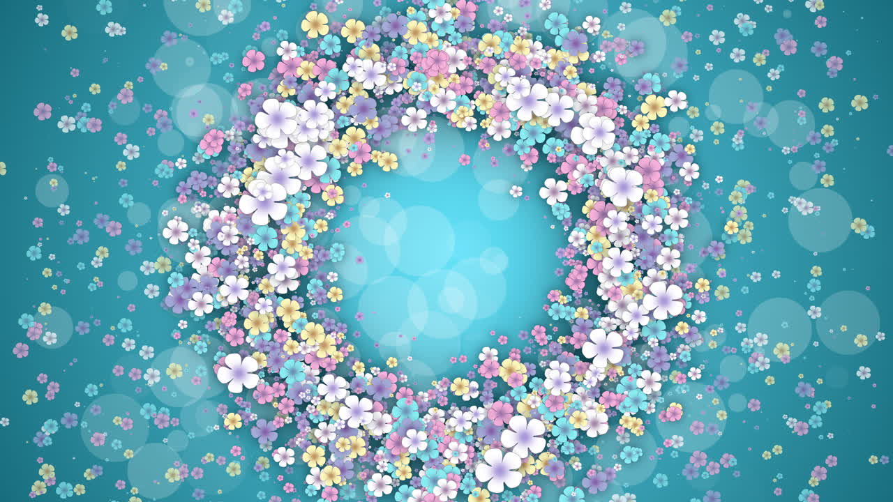 Floral round frame on a turquoise spring background. Small flying flowers with abstract particles. Looped holiday animation.