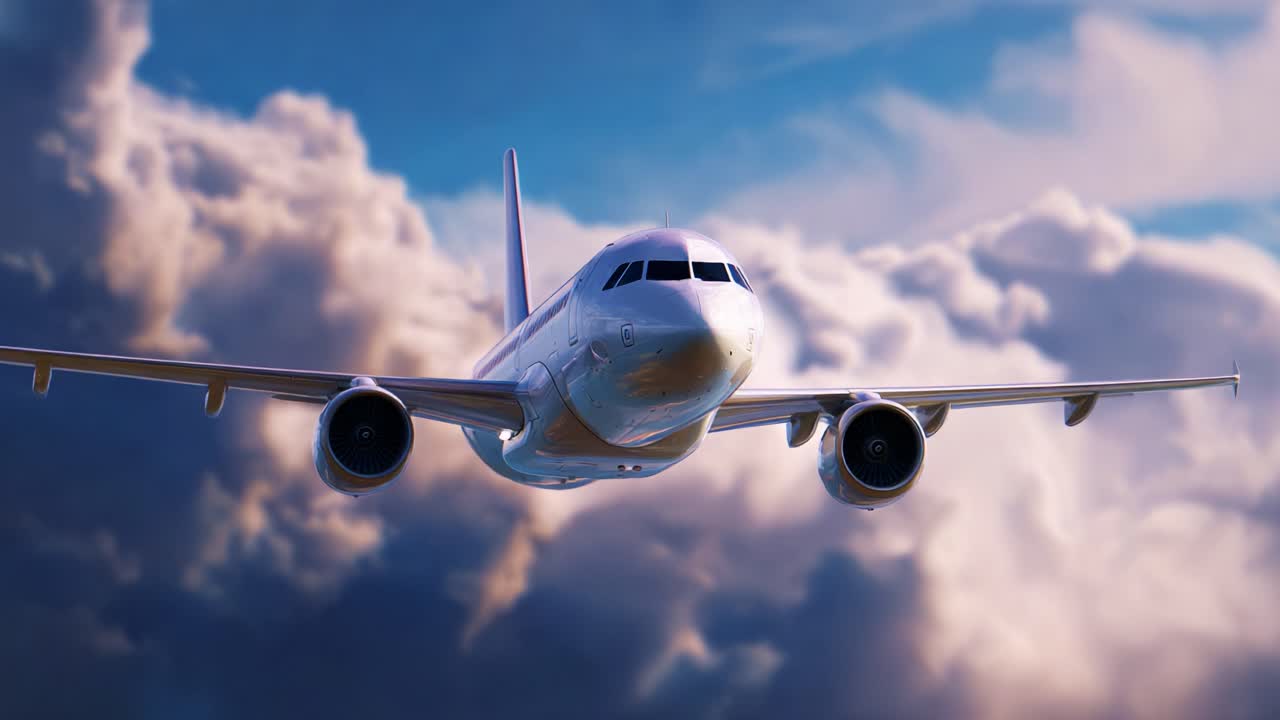 Una splendida rappresentazione di un aereo moderno che solca un cielo meraviglioso, pieno di nuvole spettacolari, che mette in mostra eleganza e abilità ingegneristica in volo