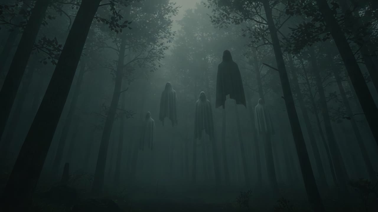 Eerie figures hover silently amidst a fog-laden forest, their ghostly forms draped in dark cloaks, creating an atmosphere of mystery and intrigue in the haunting wilderness
