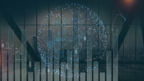 Animation-of-graphs,-connected-dots-globe-over-glass-window-against-modern-cityscape