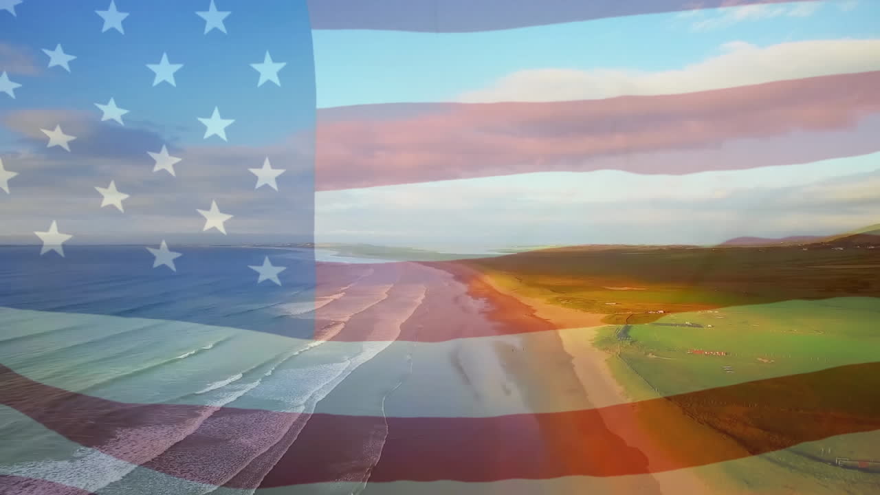 animación de la bandera de los estados unidos ondeando sobre el paisaje marino