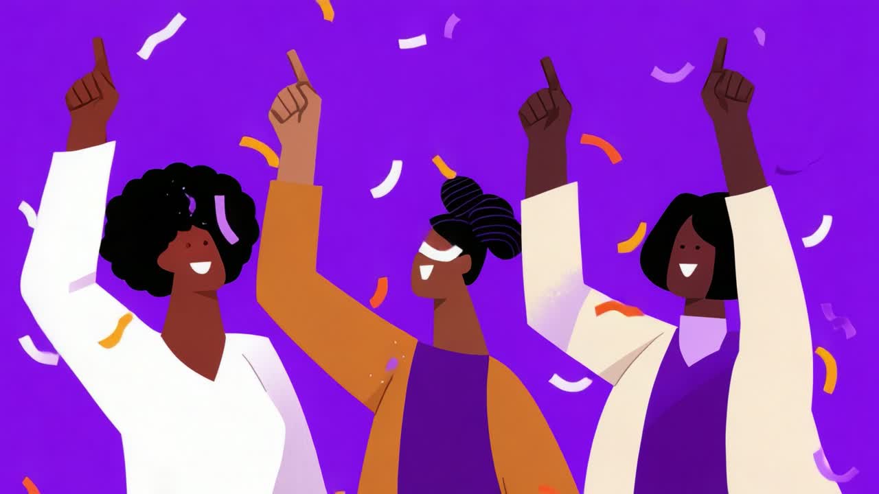 Celebrating Joy and Unity: Three Diverse Women Raise Their Hands in Excitement Beneath Colorful Confetti on a Purple Background Symbolizing Empowerment and Togetherness