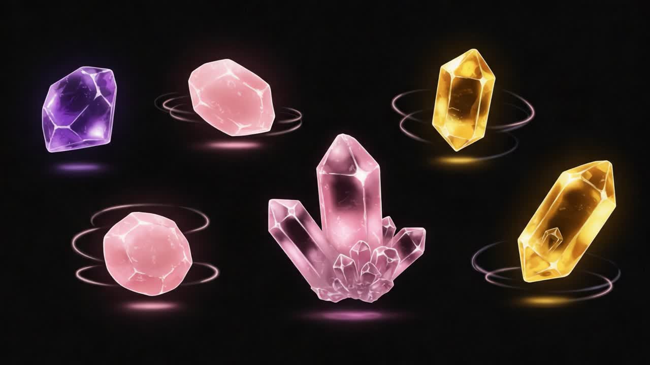 A Vibrant Collection of Exquisite Crystals Showcasing Colors and Shapes, Set Against a Mysterious Dark Background to Enhance Their Glowing Appearance and Aesthetic Appeal