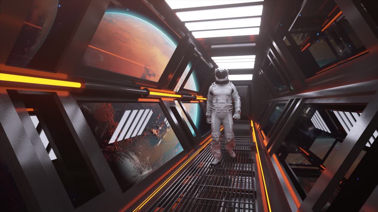 astronauta caminando en un corredor de una nave espacial futurista