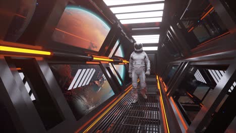 astronaut walking in a futuristic spaceship corridor