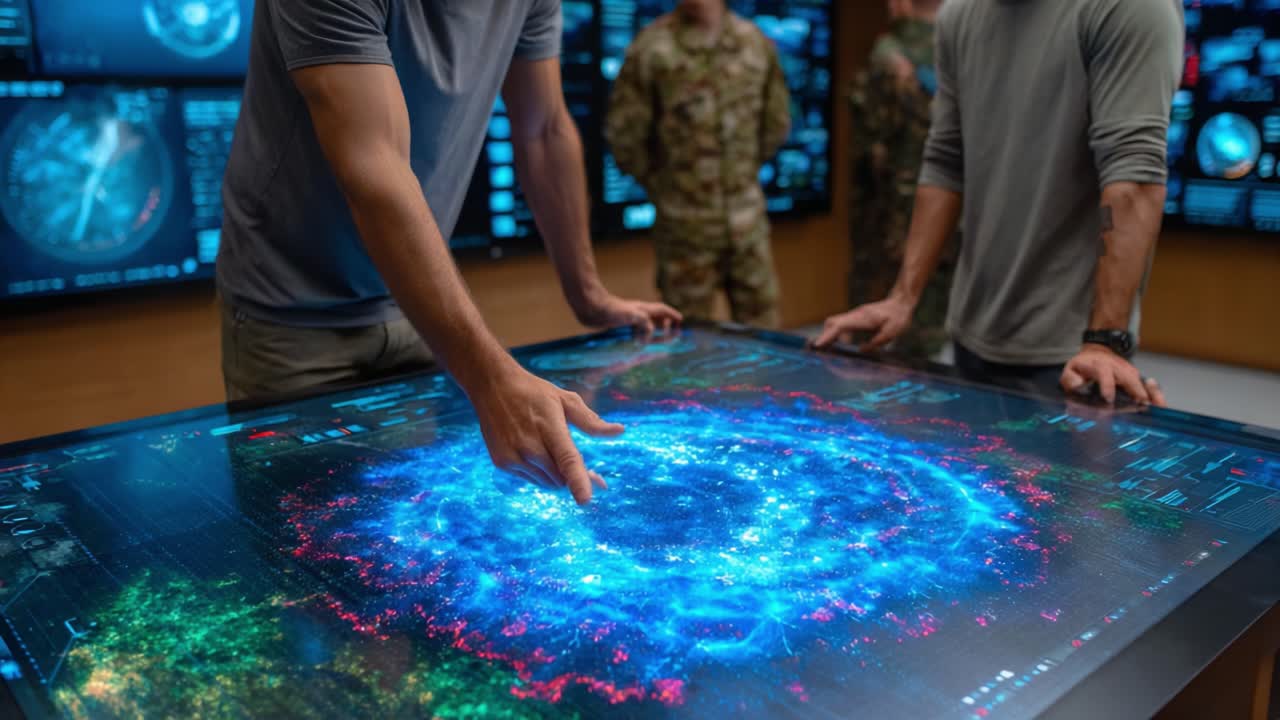 Team of Analysts Examining Advanced Holographic Data Representations on a Touchscreen Display Within a High-Tech Command Center Environment