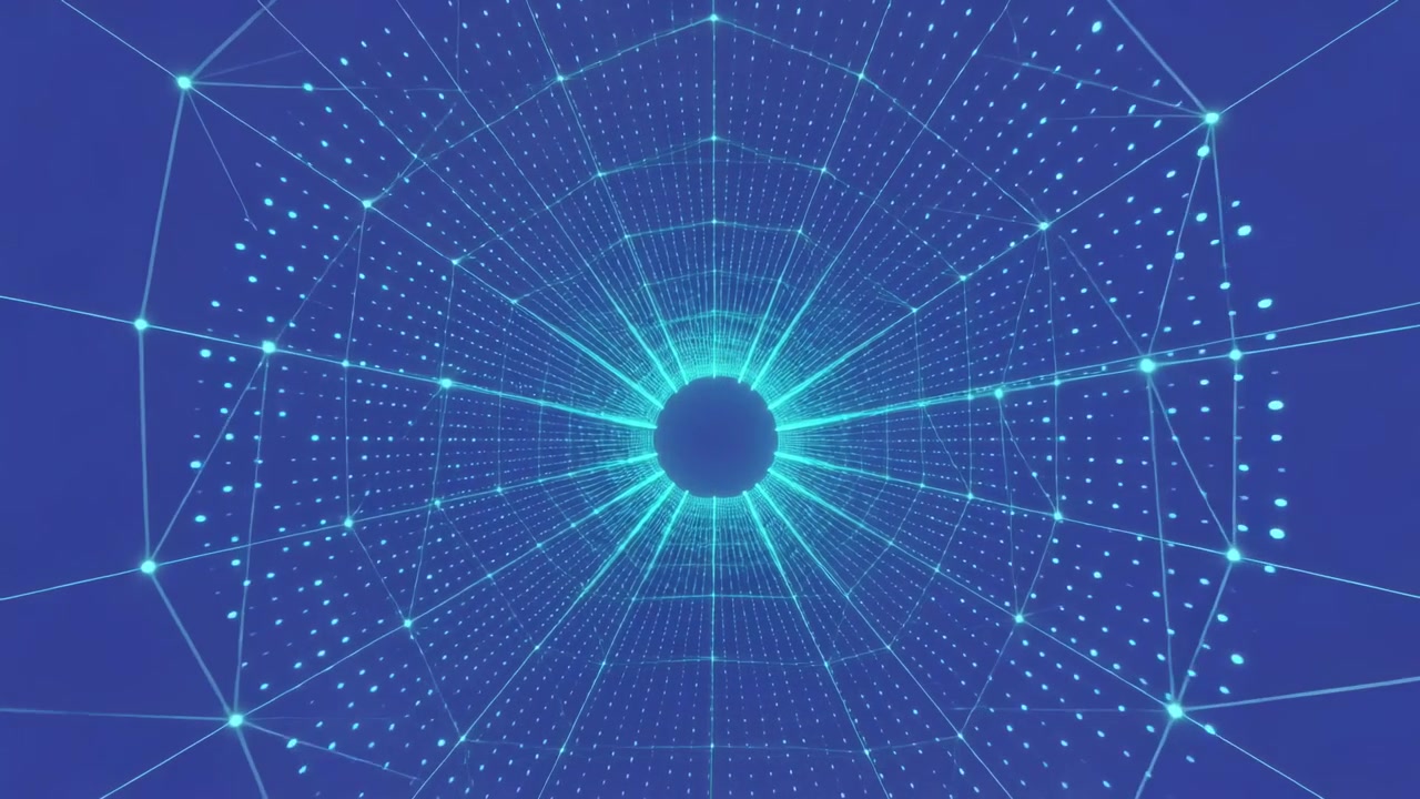 Animation starting, central glowing hub and mesh forming, growing, converging inward in blue tunnel