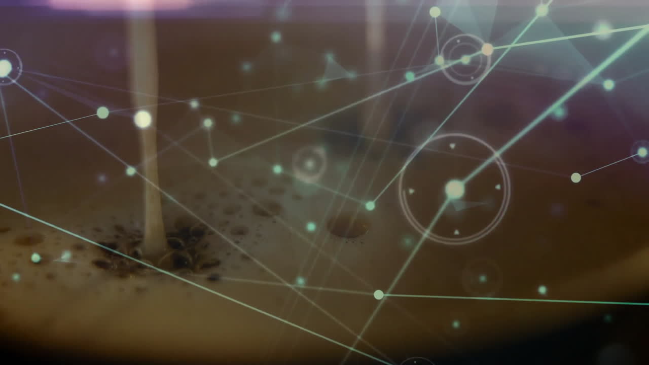 Coffee crema dancing under pouring stream, glowing turquoise nodes pulsing above foam