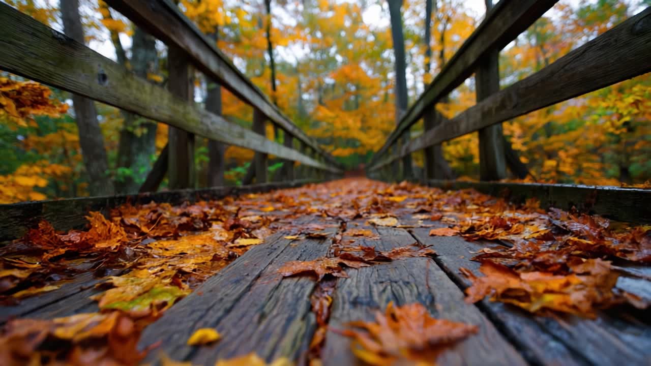 A Serene Pathway Through Autumn Leaves: A Journey Across a Wooden Bridge Surrounded by Vibrant Fall Colors and Nature's Beauty