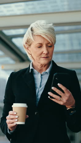 business woman, phone and walking in city