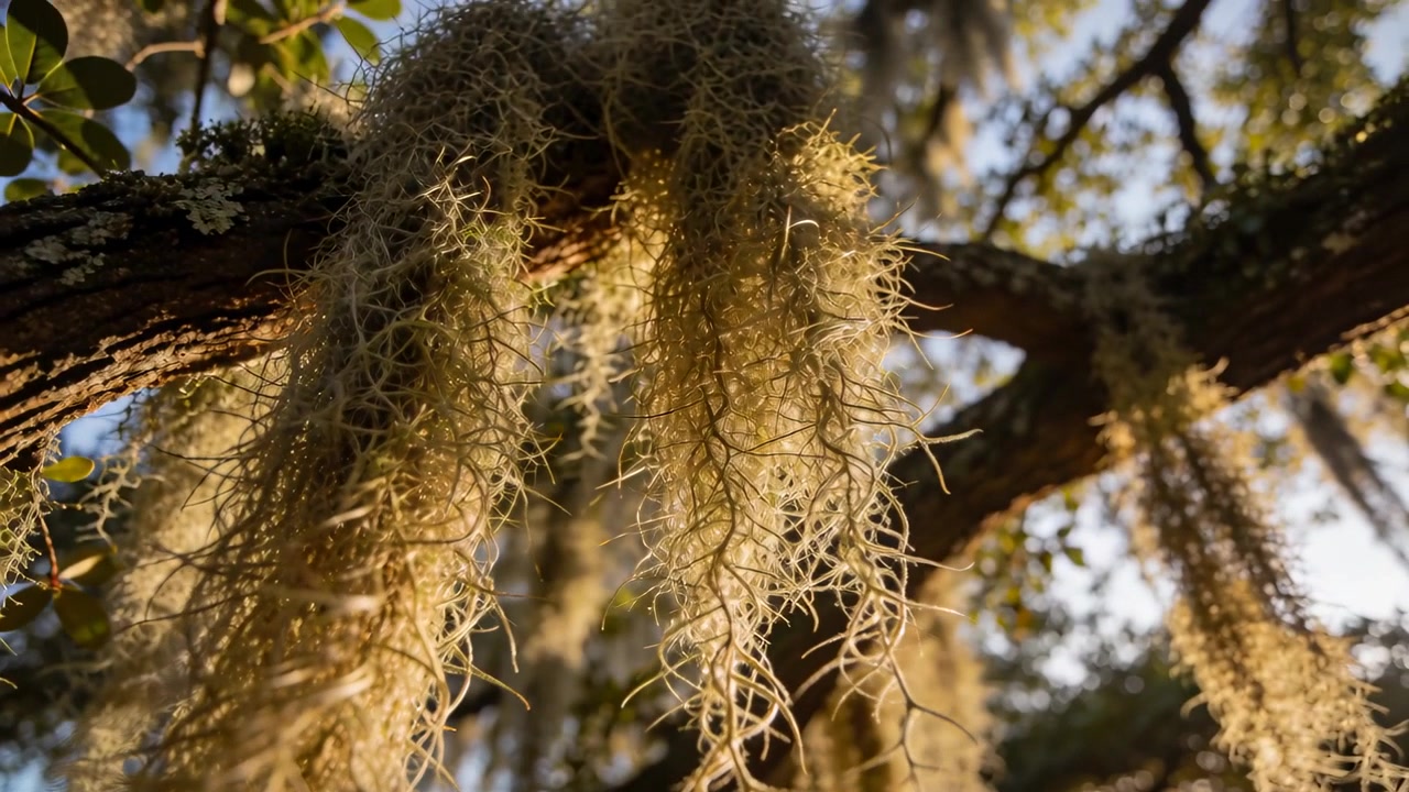 Ciuffi di muschio spagnolo pendenti che ondeggiano con una leggera brezza sotto la chioma degli alberi, la telecamera rivela la corteccia illuminata dal sole.