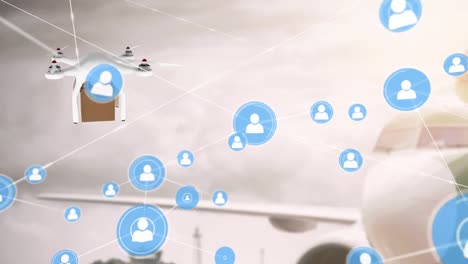 Animation-of-connected-icons-over-parked-airplane-and-flying-drone-carrying-box-against-cloudy-sky