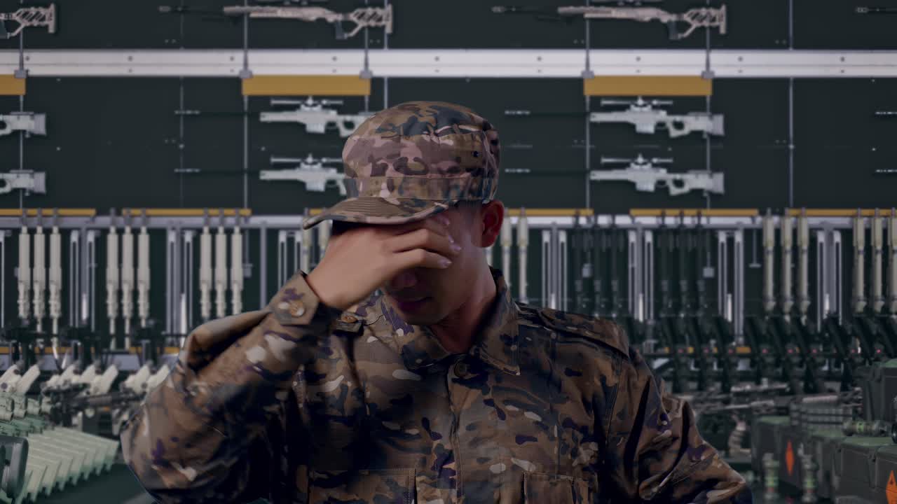 close de um soldado asiático com dor de cabeça em um arsenal militar