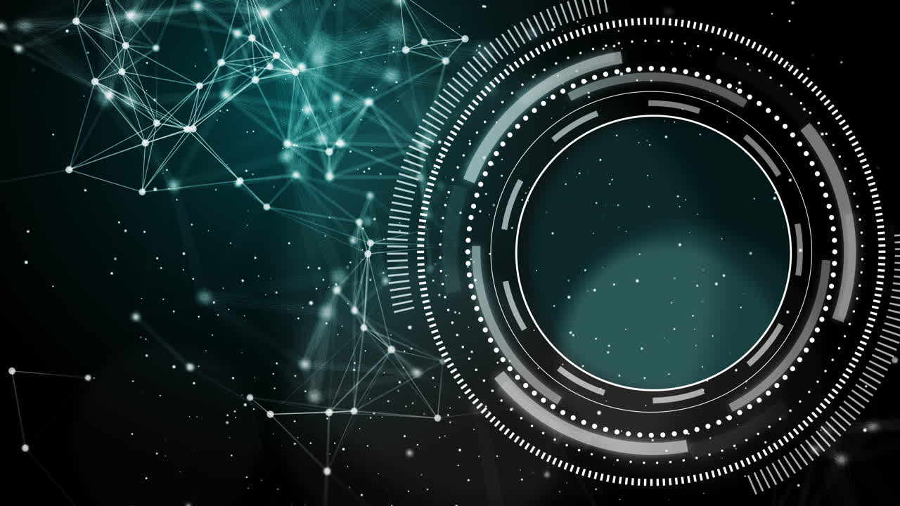 Animated circle HUD interface on black background with plexus dots and lines. Futuristic technological looped element. Copy space.