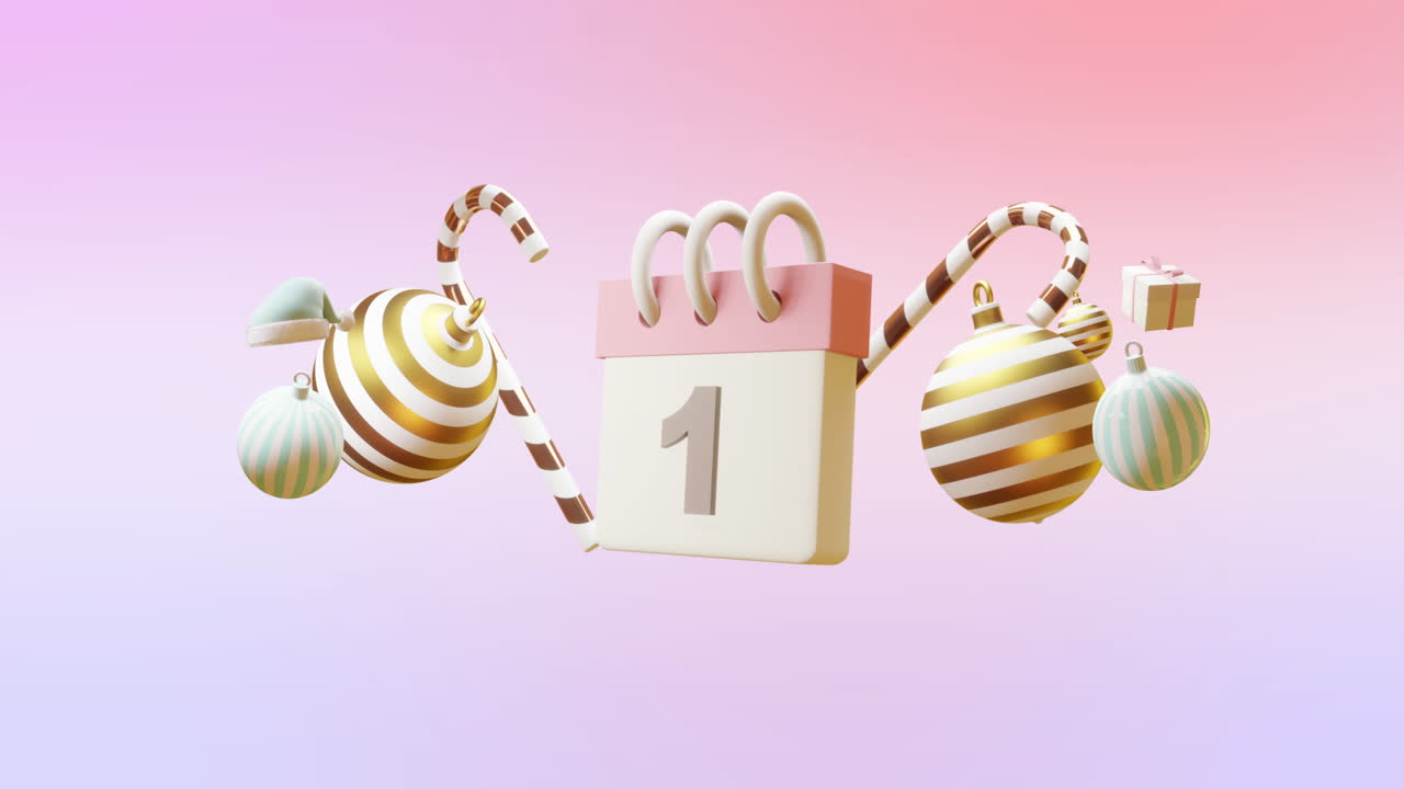 animación del calendario con el número 1 y decoraciones de navidad sobre fondo púrpura