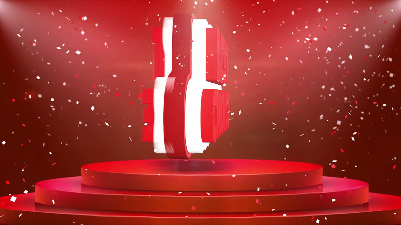 лучший выбор текстовой анимации на ковре подиума 3d. реваль красный занавес с абстрактной фольгой конфетти взрыв, прожектор, блестящие искры, петля 4k анимация.