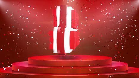 best choice text animation on 3d stage podium carpet. reval red curtain with abstract foil confetti blast, spotlight, glitter sparkles, loop 4k animation.