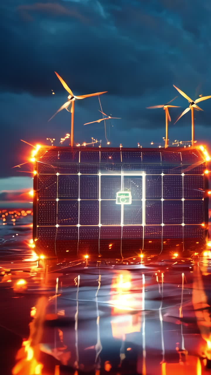 A box with a green light on it is floating in the ocean. The box is surrounded by a lot of lights, creating a futuristic and technological atmosphere