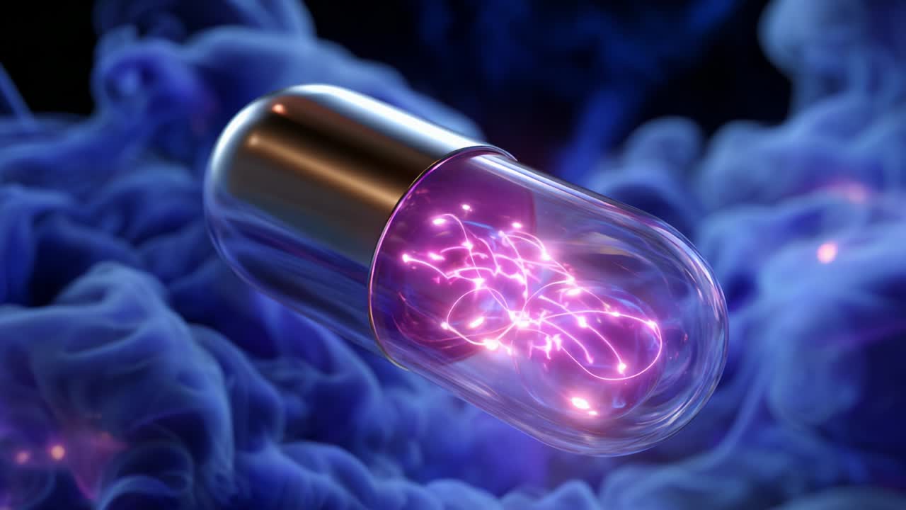 A futuristic capsule floating amidst swirling blue smoke, illuminated with vibrant purple energy sparks. The capsule symbolizes advanced technology and innovation, capturing the essence of scientific discovery and exploration