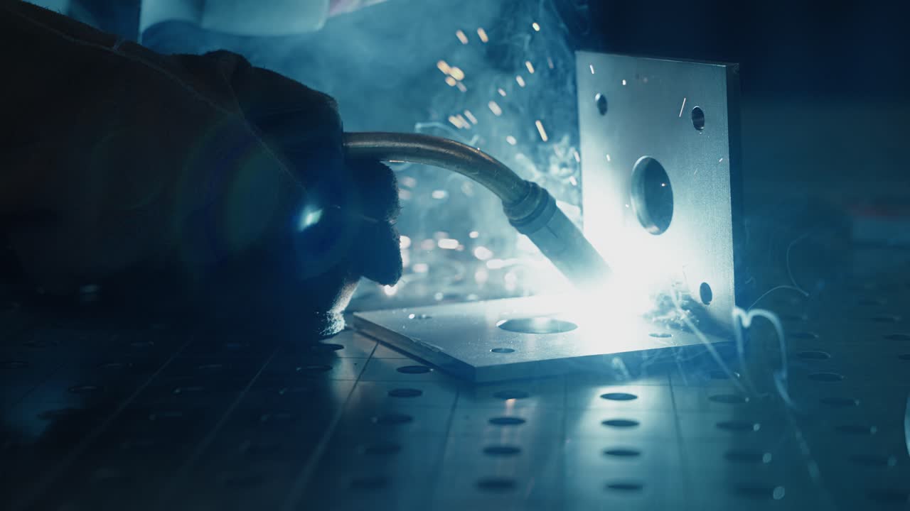 Metalworker ist MAG welding a stainless steel bracket.