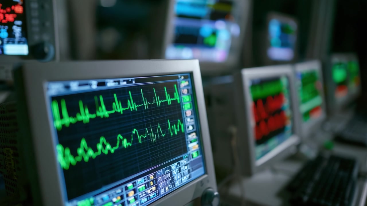 Monitoraggio del cuore: Un primo piano di apparecchiature mediche che mostrano i segni vitali e la variabilità della frequenza cardiaca in un ambiente clinico.