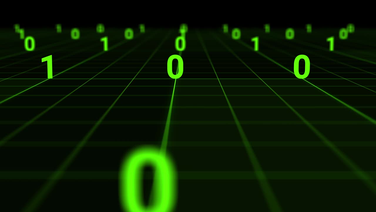 Digital technology big data and binary code running on grid line. Dolly shot and seamless loop of distancing digits. Render digital farm data and communication on network technology.