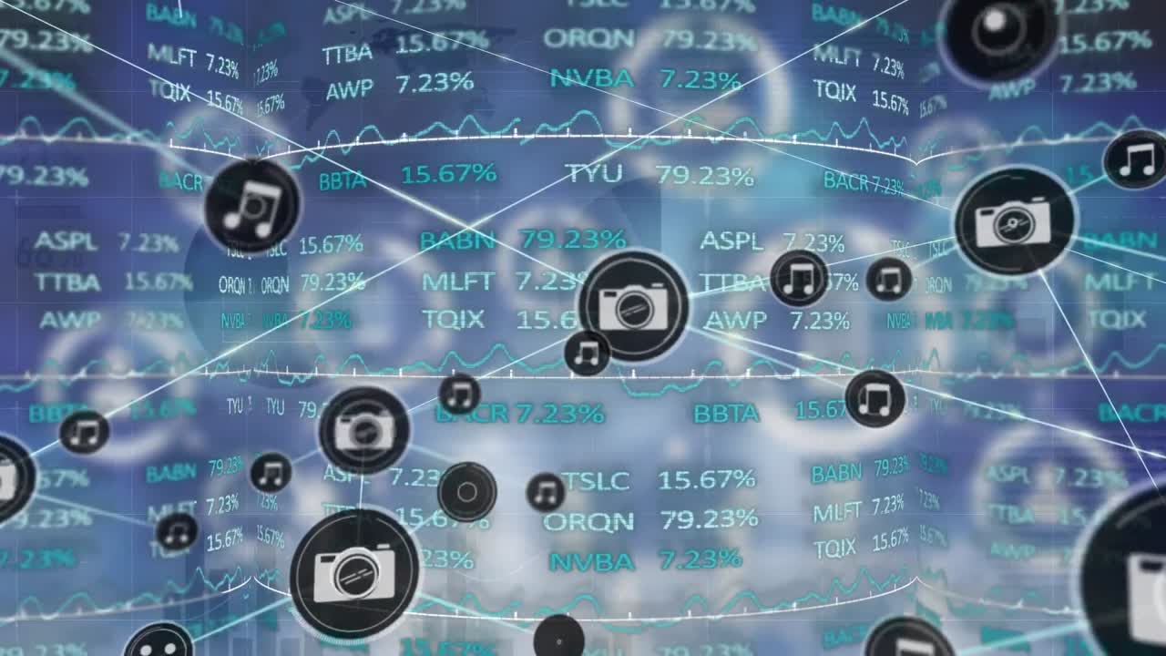 파란색 배경에 대한 증권 시장 데이터 처리에 대한 디지털 아이콘 네트워크의 애니메이션
