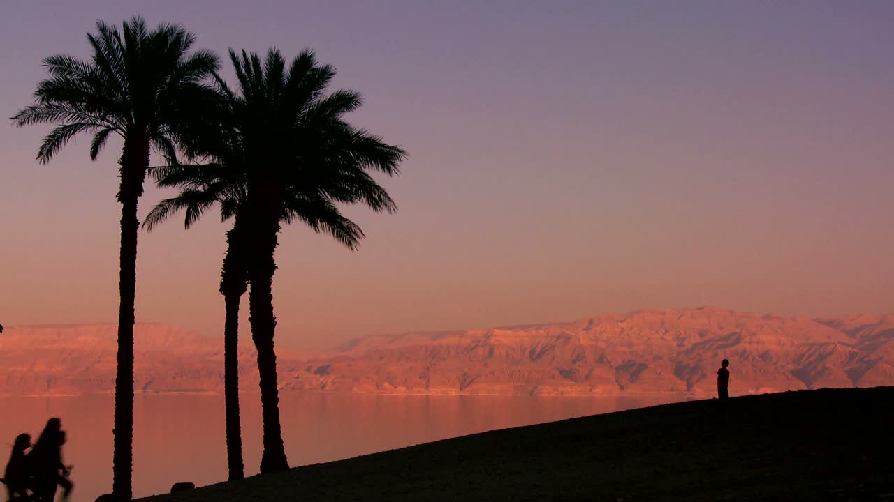 해질 무렵 이스라엘의 사해 해안선을 따라 실루엣으로 야자수와 사람들