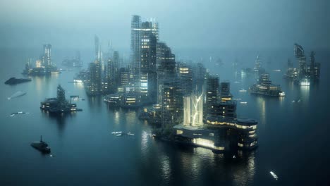 futuristic floating city at night