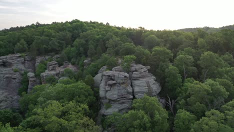 rocky cliff and dense forest in aerial drone view