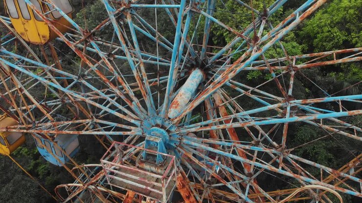 Close up shot of old abandoned ferris wheel at Hanoi Vietnam, aerial
