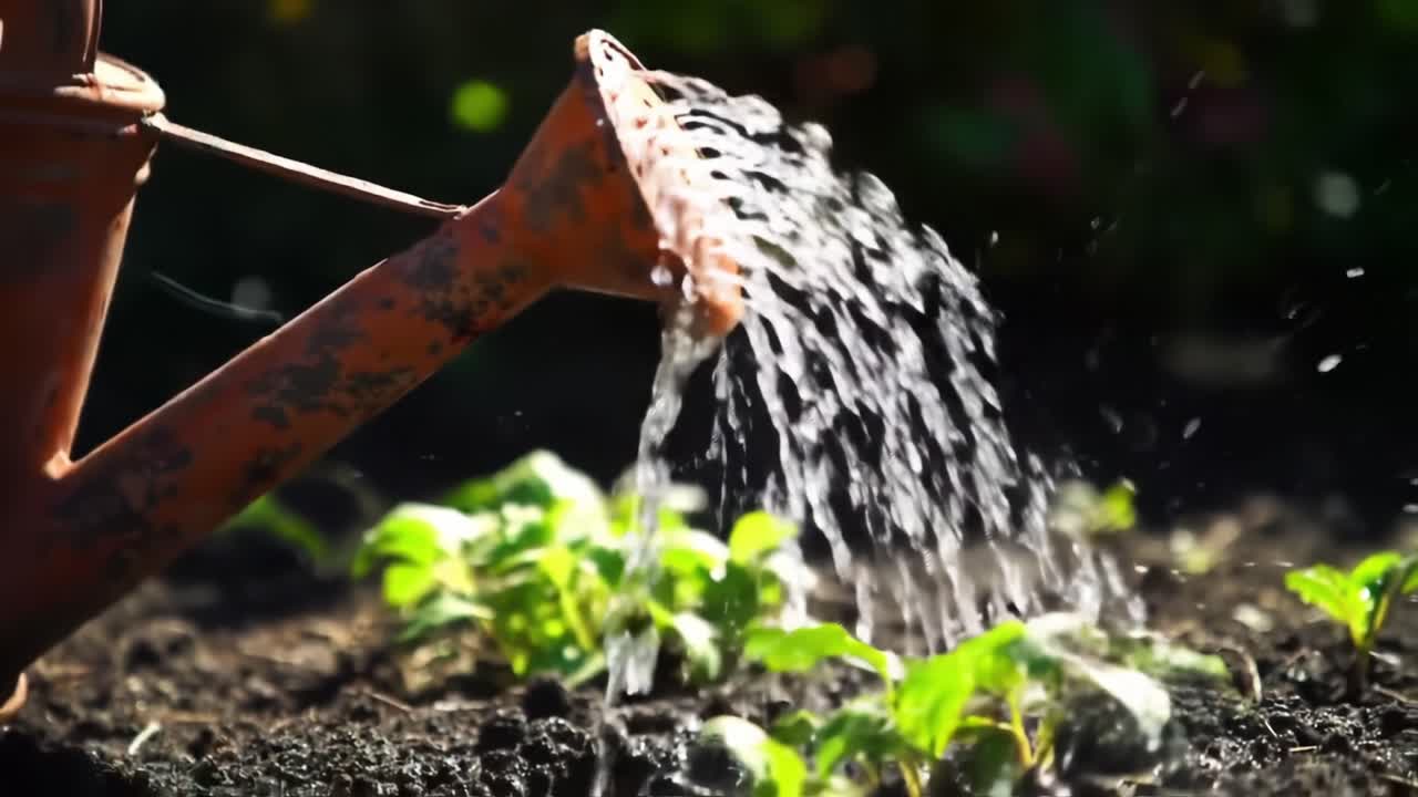 Nurturing Growth: A Close-Up of Watering Young Plants in a Garden, Capturing the Essence of Gardening and Plant Care Through Every Drop of Water