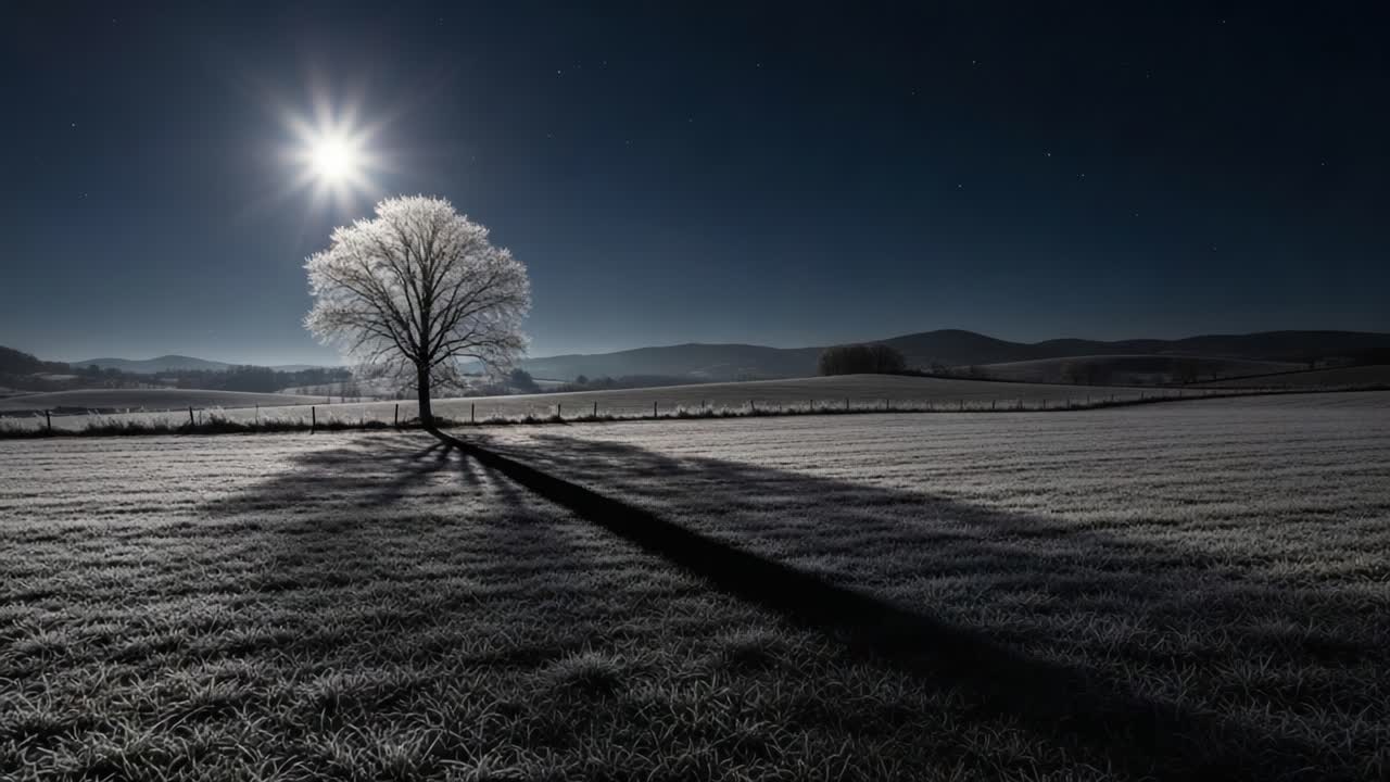A Serene Winter Nightscape Featuring a Frost-Covered Tree Illuminated by Moonlight with Long Shadows Stretching Across a Snowy Field