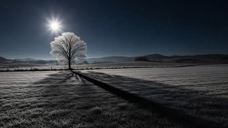 a serene winter nightscape featuring a frost-covered tree illuminated by moonlight with long shadows stretching across a snowy field