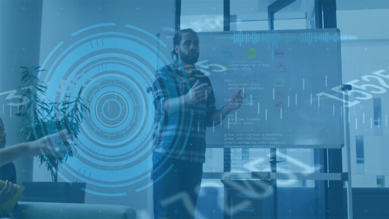 Animation af behandling af finansielle data over forretningsmand af blandet etnicitet på kontor