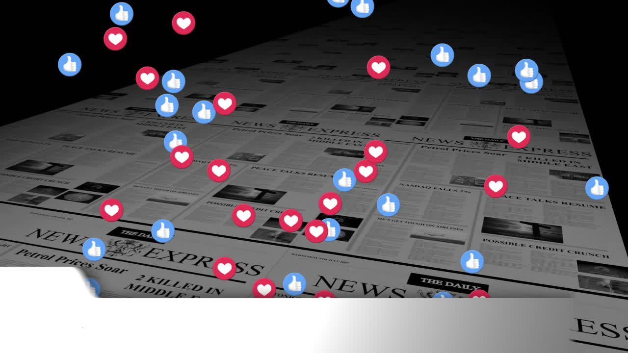 News interface and Social media emojis against printing newspaper