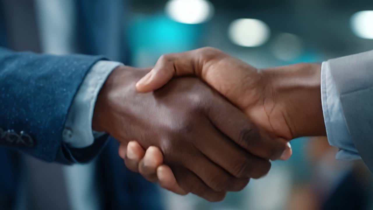 Two individuals engage in a firm handshake, symbolizing trust, agreement, and the beginning of a positive relationship in a professional setting