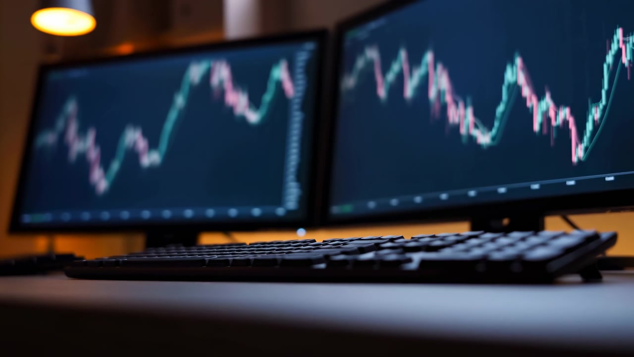 Primo piano dal basso di una tastiera su una scrivania con doppi monitor che mostrano grafici di mercato frastagliati in un moderno ambiente di trading, sfocatura morbida, bagliore dello schermo ciano e rosa, atmosfera da ufficio professionale.