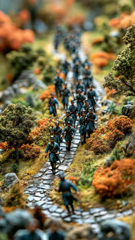 military figures marching along a detailed forest path during the day