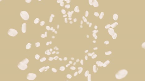 volando mucho arroz en fondo marrón. granos de arroz blanco. arroz glutinoso. vegetariano. comida saludable. animación de bucle 3d de arroz girando.