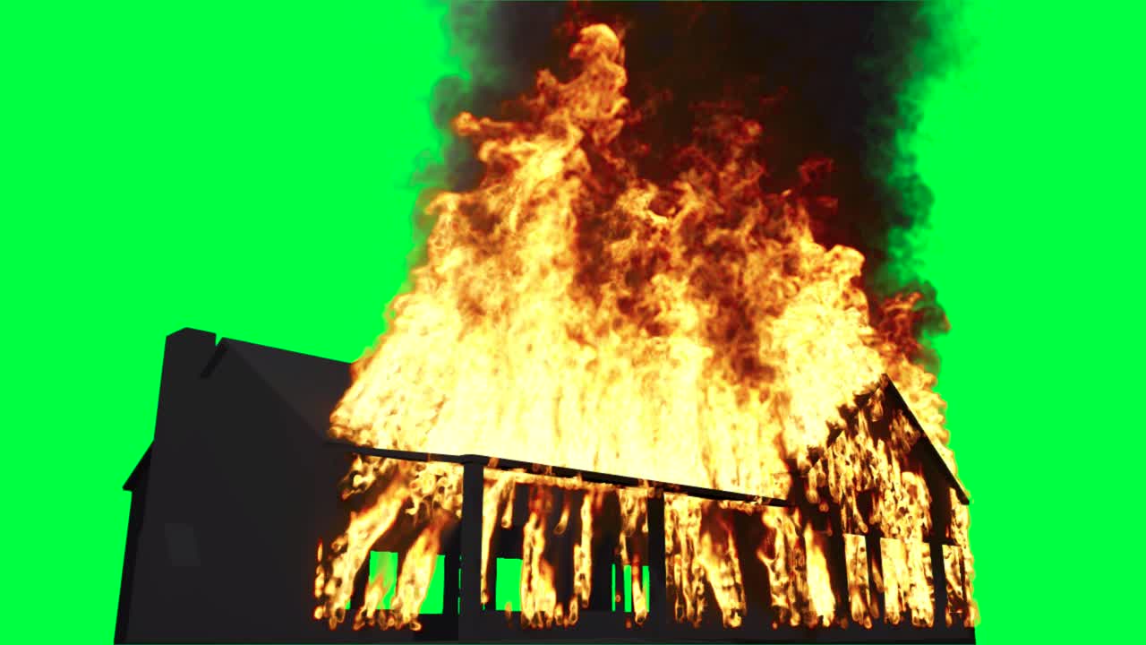 녹색 스크린에서 불타는 집