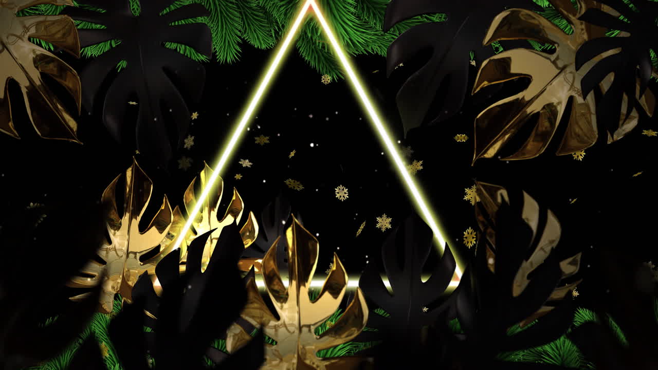 Golden leaves and snowflakes animation over neon triangle and green branches