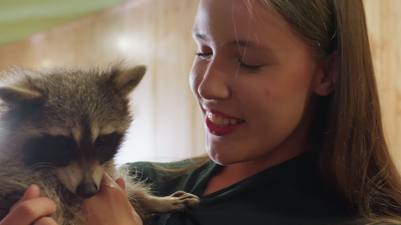 caucasian woman offering snack to raccoon studio lights visible, playful training session, influencerstyle content, coaxing paw, smiling expression, enrichment treat, close interaction, safe