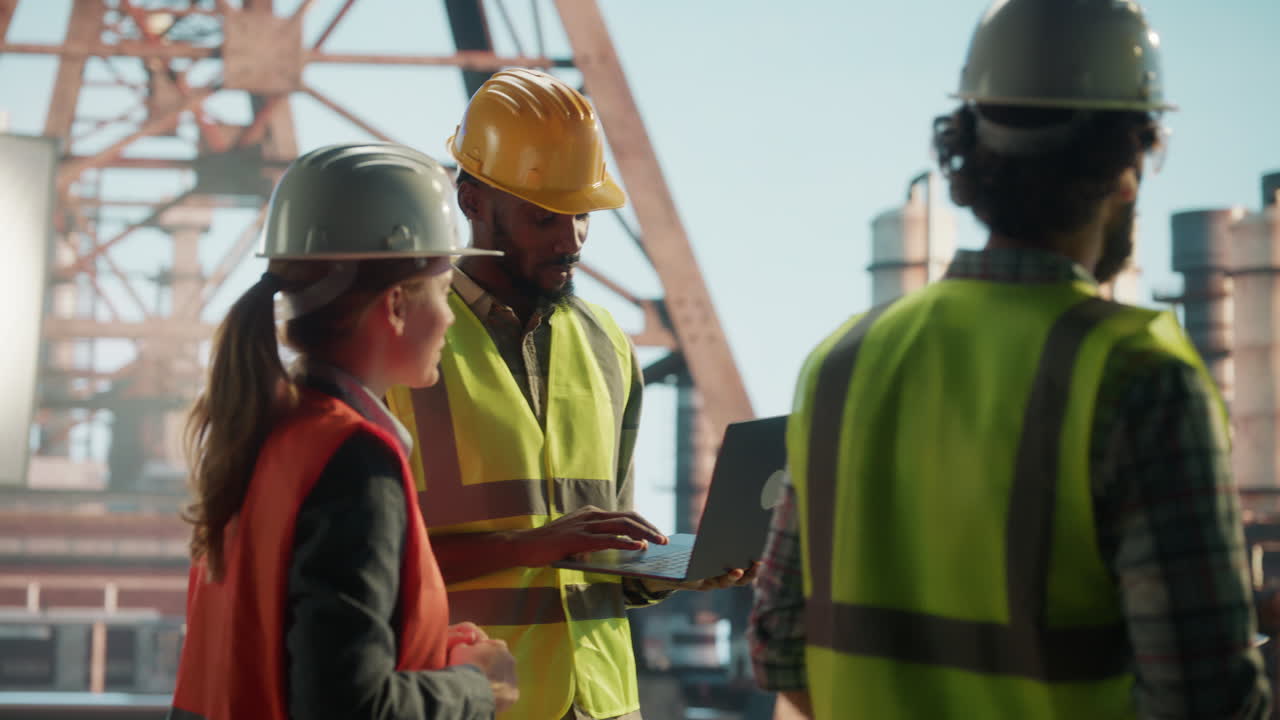 Construction Engineers Collaborating on Site with Laptop