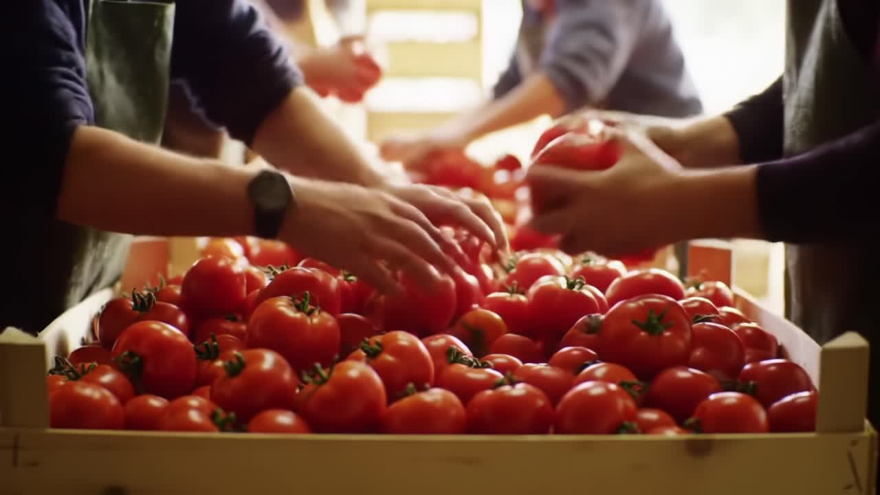 Farmers Sort Ripe Tomatoes in a Busy Packing Shed During Harvest Season