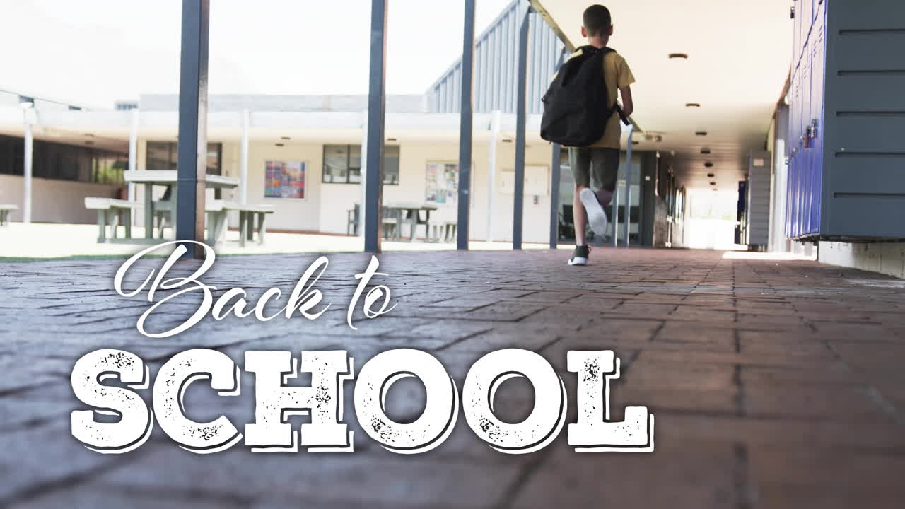 Walking with backpack, student entering school building, Back to School text over