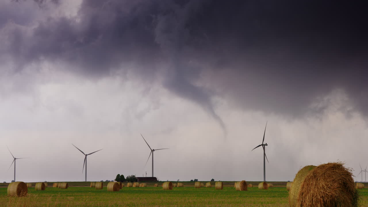 Dramatic Tornado Spinning Across Farmland Under Dark Stormy Skies