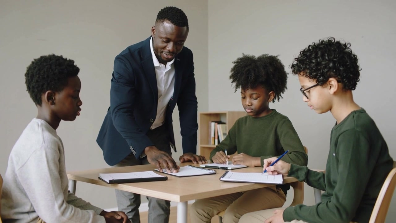 Pointing teacher in dark blazer leaning at wooden table in classroom, guiding students taking notes