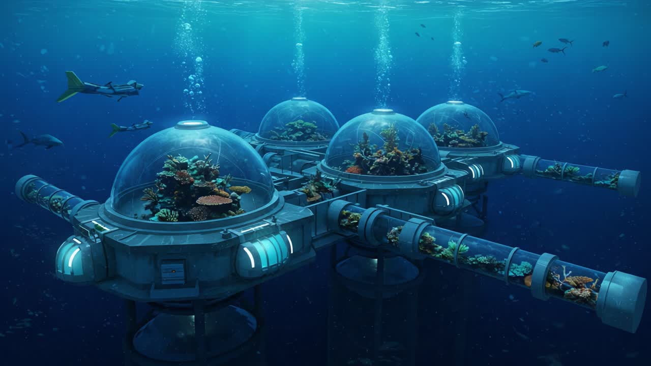 An Underwater Habitat: A Stunning View of an Innovative Marine Research Facility Surrounded by Vibrant Coral Reefs and Diverse Aquatic Life Beneath the Ocean Surface