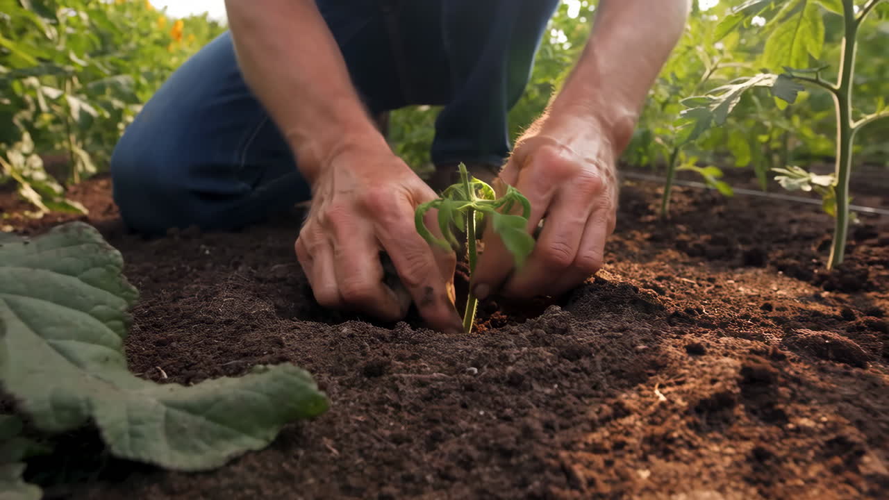 Close-up of hands planting a small green seedling into the soil